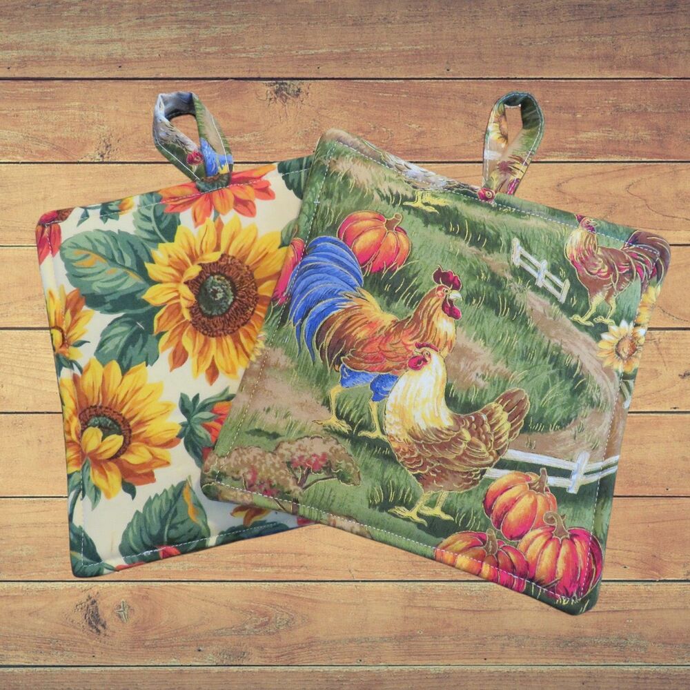 Handmade Potholder, Set of 2, Reversible Chickens and Sunflowers Hot Pads